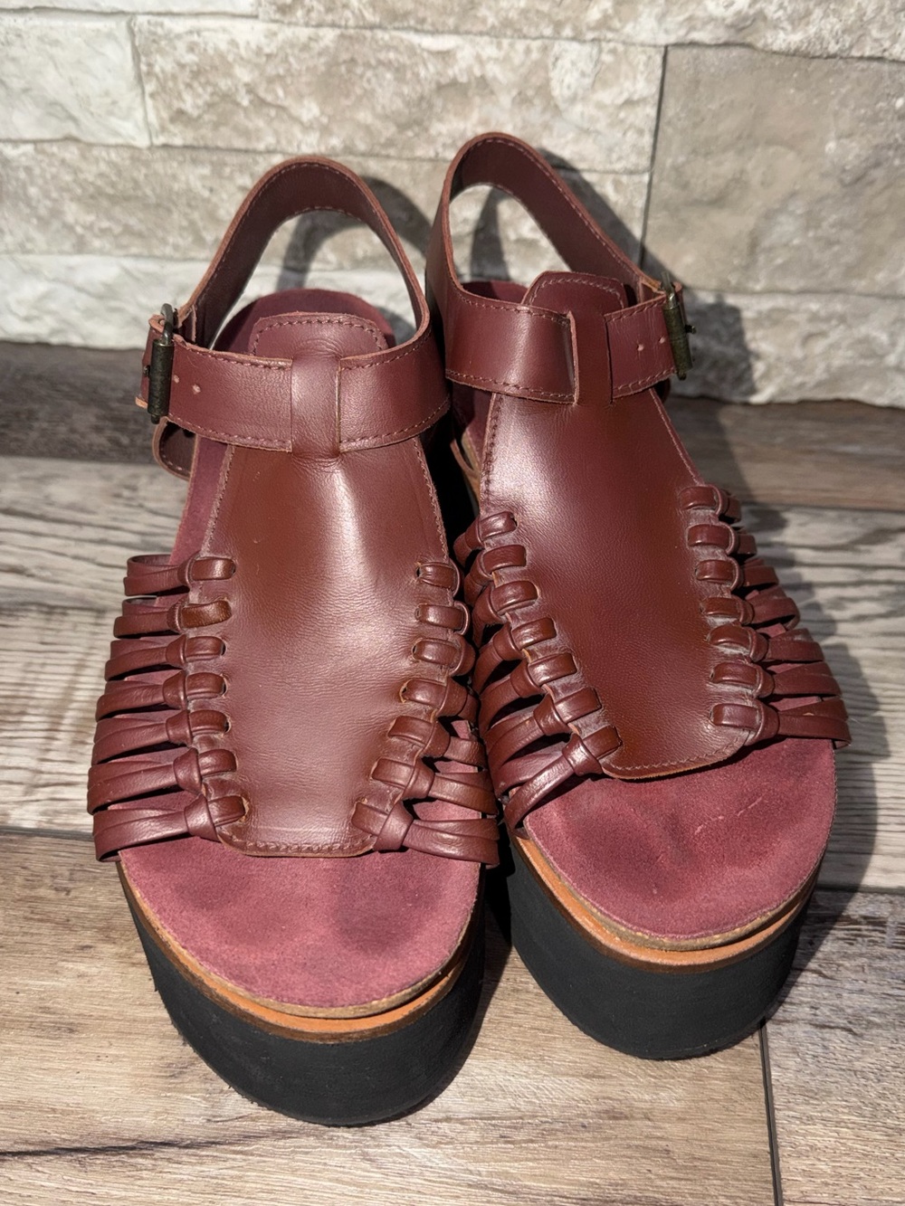 Free People Ava Platform Sandal Burgundy Huarache Weaved Leather 38 - Picture 2 of 8